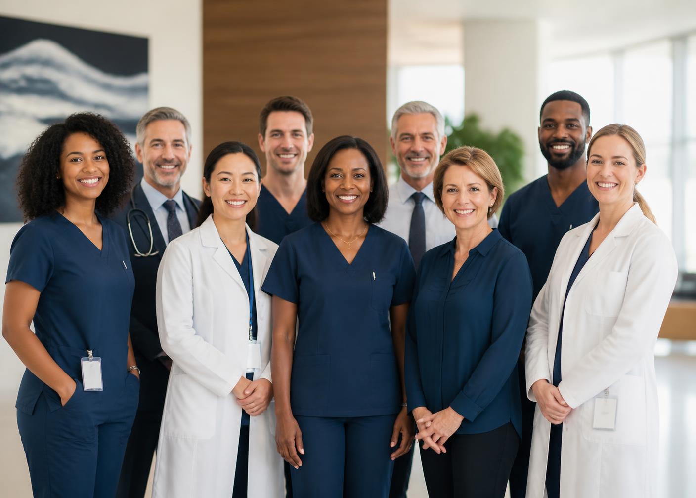 A diverse team of GoldenHeart Care nurses, clinicians, and staff